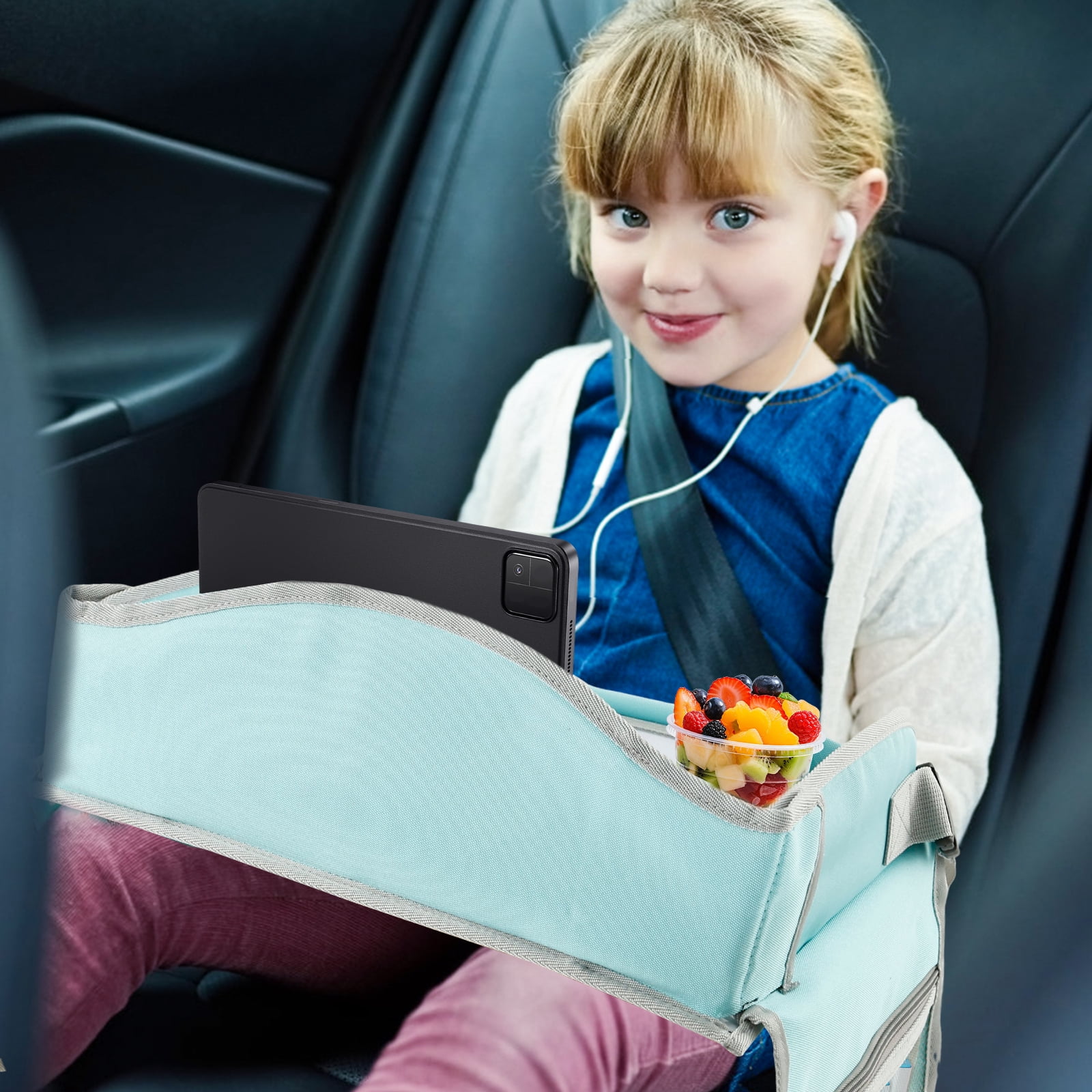 Carseat Table Tray for Kids Polyester Made Portable Drawing Board with Padded Shoulder Strap for Road Trip Activities