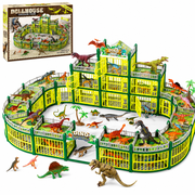 Carsky 400PCS Dinosaur Theme Park Playset with 36 Dinosaur Figures, 3-Tier DIY Dino Cage Building Set, Large Jurassic-Style Activity Scene with Fences, Gates, Stickers, Display Accessories