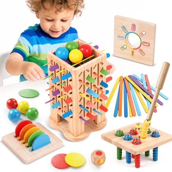 Carsky 5-in-1 Wooden Stick Pull Game for Kids, 60 PCS Montessori Color Matching Activity Set with Ball Drop Tower, Magnetic Worm Fishing, 3 Game Lids and Dice, Christmas Holiday Gift