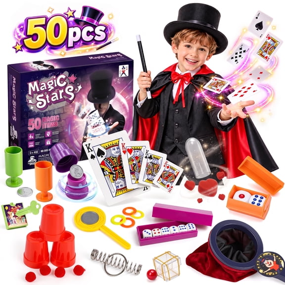 Carsky 50 PCS Magic Kit for Kids, Beginner Magic Tricks Set with Magic Wand, Playing Cards, Cups, Dice and Video Tutorials, Christmas Birthday Gift for Boys Girls 6-14, Party Show Role Play Toy