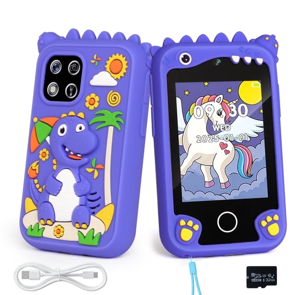 Carsky Dinosaur Kids Smart Phone Toys, Learning Phone with Dual Cameras, 20 Apps, Games & Music, Schedule Tools & Lanyard, Educational Gift for Toddlers Boys Girls Ages 3-6