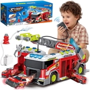 Carsky Fire Truck Toy with Storage Track, Lights & Sound Rescue Playset, City Garage Carrier Truck with Megaphone & Mini Cars, Role Play Gift Toys for Boys Girls