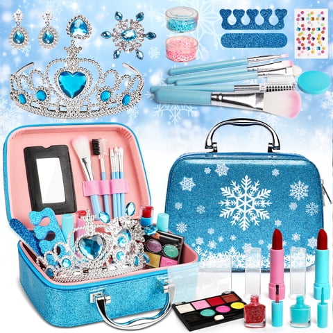 Carsky Kids Makeup Kit for Girls Ages 4-6, Real Washable Makeup Set with Blue Snowflake Carry Case, Toddlers Dress up Set, Cosmetics Toys Christmas Birthday Gift for Little Girls