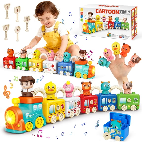 Carsky Montessori Train Toy with Lights & Music, 5-in-1 Vehicle Set w/ Keys, Numbers & Shapes Matching, Finger Puppet Animals&Stackable Cars, Educational Toy Christmas Train Gift for Toddlers 2-5