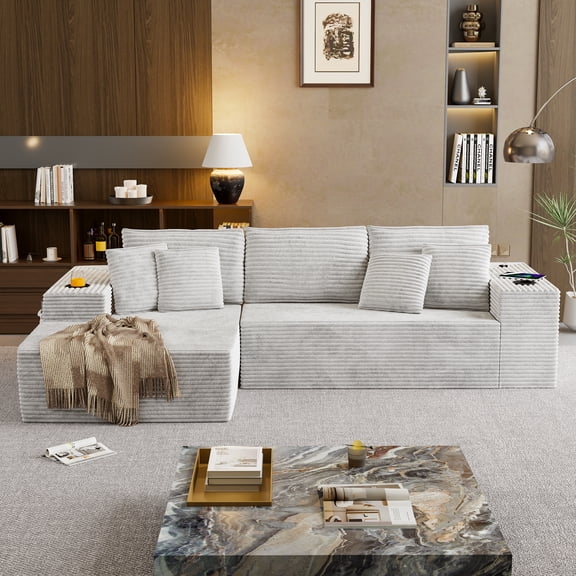 Carsolt 104''L-Shape Cloud Sectional Couch, Modular Sectional Sofa with Side Pocket, Cup Holder&USB Port, Couch for Living Room Bedroom with Deep Seat, Plush Corduroy Fabric, No Assembly, Beige