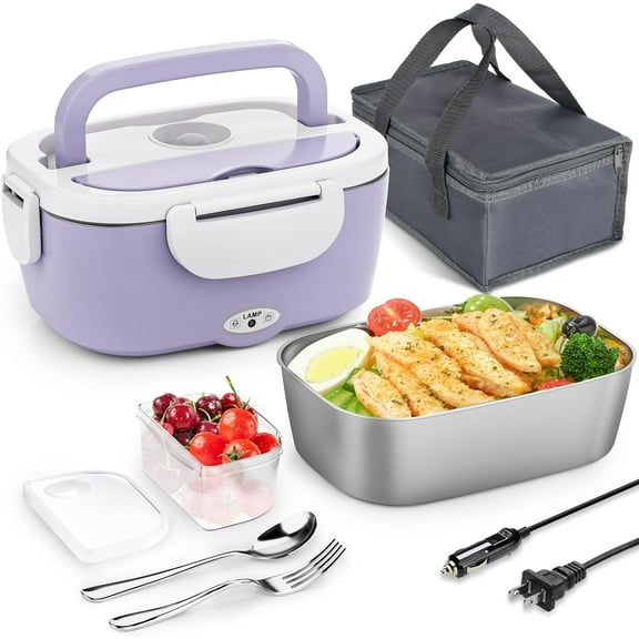 Carsolt Electric Lunch Box Food Heater - 3 in 1 Portable Leakproof Heated Lunch Box for Car/Home/Adults with 1.5L Removable 304 Stainless Steel Container, 60-80W, 12V/24V/110V (Light Purple)