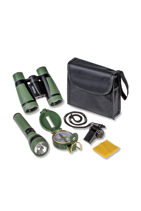 AdventurePak Containing 30mm Kids Field Binoculars, Lensatic Compass, Flashlight and Signal Whistle with a Built-in Thermometer (HU-401), Multicolor