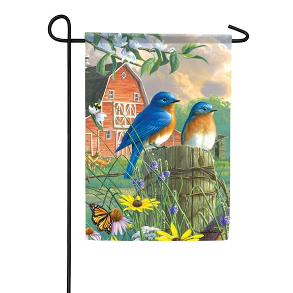 Carson America's Heartland Garden Flag 12.5 x 18 inch Double Sided, Bluebird Red Barn Country Wildflower Butterfly, Spring Summer Farmhouse Outdoor Yard Banner, Seasonal Lawn Patio Porch Decor