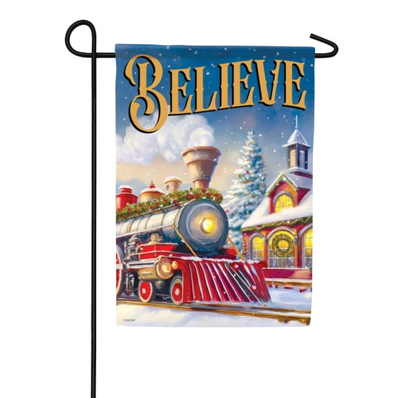 Carson Believe Train Garden Flag, 12.5 x 18 inch Double Sided, Vintage Christmas Locomotive Banner, Holiday Outdoor Decor, Snowy Church Winter Yard Seasonal Decoration