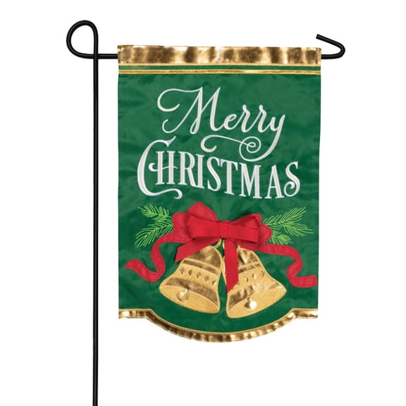 Carson Bells Applique Garden Flag, 12.5 x 18 inch Double Sided, Merry Christmas Banner, Gold Bell Red Bow Holiday Outdoor Decor, Seasonal Xmas Yard Decoration Festive Jingle