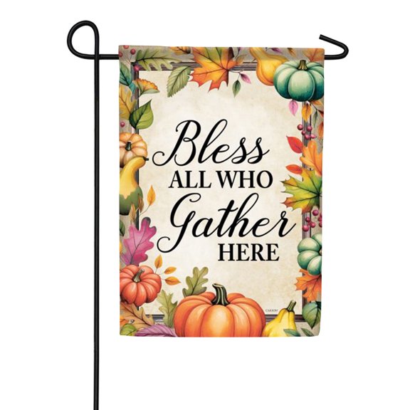 Carson Bless All Who Gather Garden Flag, 12.5 x 18 inch Double Sided, Thanksgiving Banner, Pumpkin Fall Seasonal Outdoor Decor, Harvest Yard Decoration