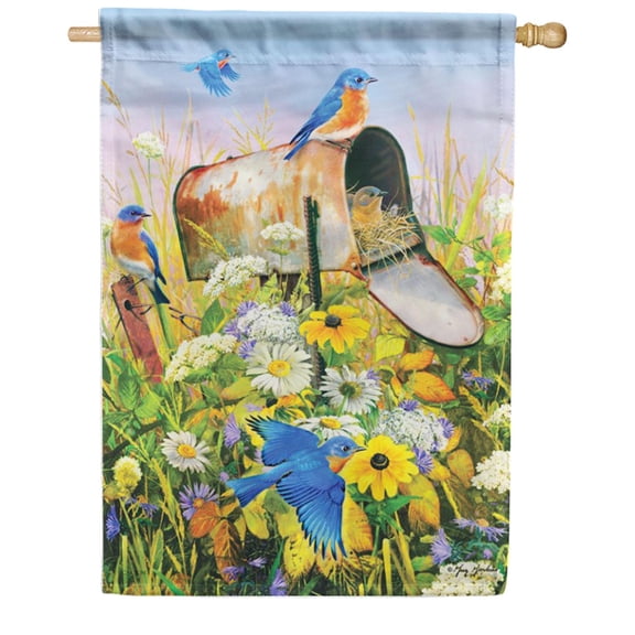 Carson Bluebirds Flowers House Flag, 28 x 40 inch Double Sided, Eastern Bluebird Mailbox Banner, Country Living Wildflower Outdoor Decor, Rustic Yard Decoration