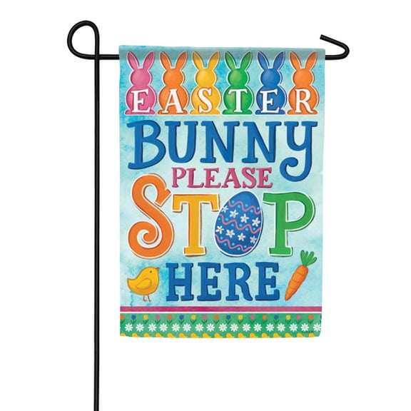 Carson Bunny Stop Here Garden Flag, 12.5 x 18 inch Double Sided, Easter Holiday Banner, Spring Rabbit Outdoor Decor, Happy Seasonal Yard Decoration