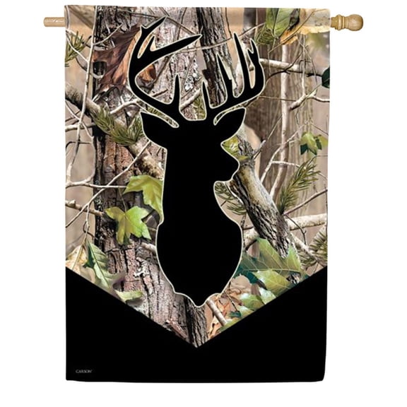 Carson Camo Buck House Flag, 28 x 40 inch Double Sided, Whitetail Deer Silhouette Banner, Hunting Camouflage Outdoor Decor, Wildlife Yard Decoration