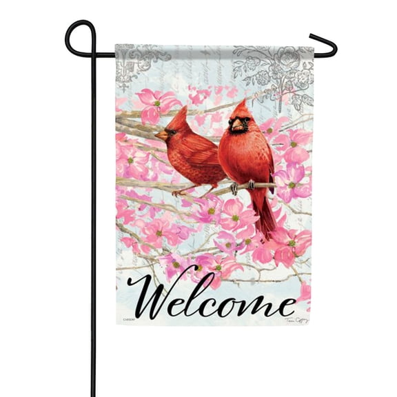Carson Cardinals Pink Dogwood Garden Flag, 12.5 x 18 inch Double Sided, Red Bird Flower Banner, Spring Nature Seasonal Outdoor Decor, Birdhouse Wildlife Yard Decoration