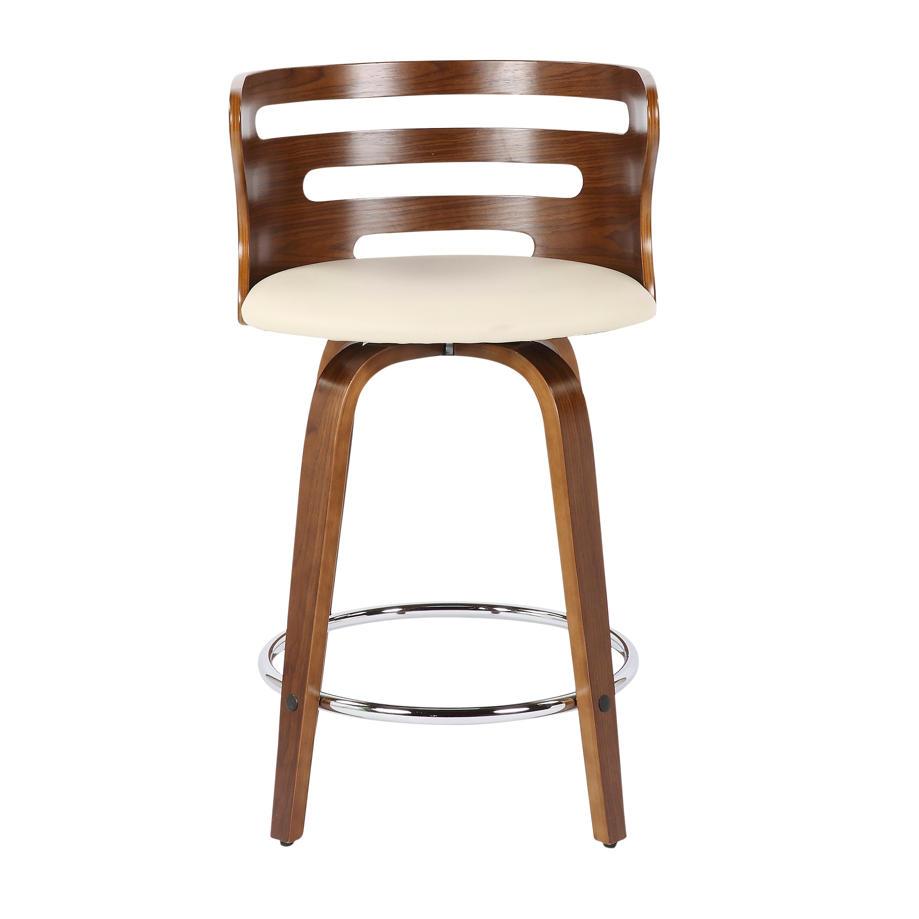 Mid-Century Modern Cream Leather Swivel Counter Stool with Walnut Accents