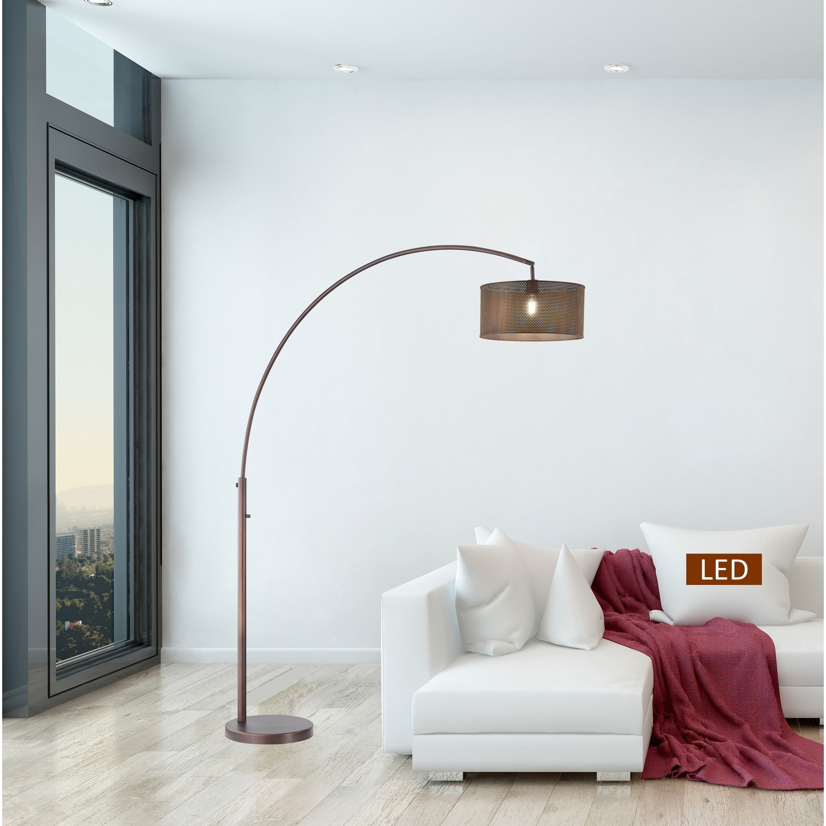 Adjustable Antique Bronze LED Arched Floor Lamp with Double Shade