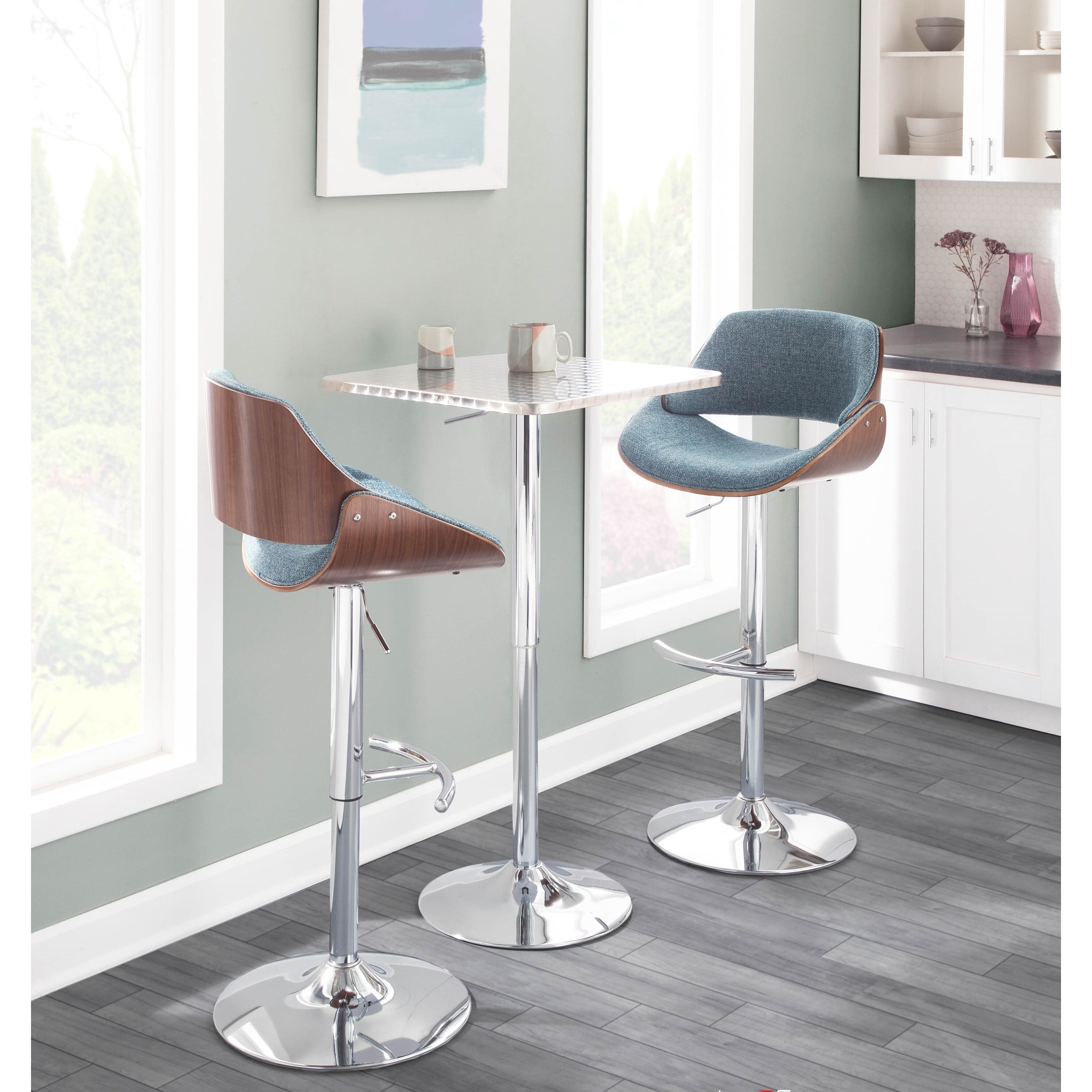 Contemporary Walnut & Blue Swivel Adjustable Barstool