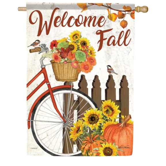 Carson Chickadee Bike House Flag, 28 x 40 inch Double Sided, Bird Bicycle Sunflower Banner, Fall Pumpkin Farmhouse Seasonal Outdoor Decor, Autumn Yard Flag