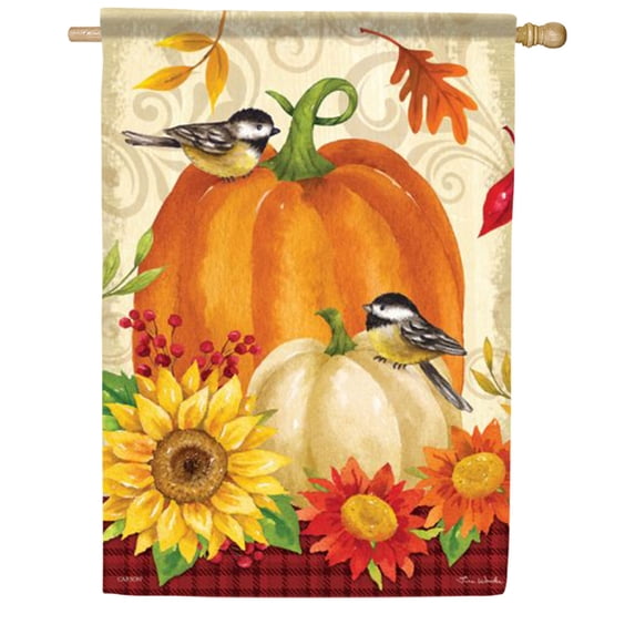 Carson Chickadee Pumpkins House Flag, 28 x 40 inch Double Sided, Fall Bird Banner, Autumn Harvest Sunflower Seasonal Outdoor Decor, Thanksgiving Holiday Yard Decoration