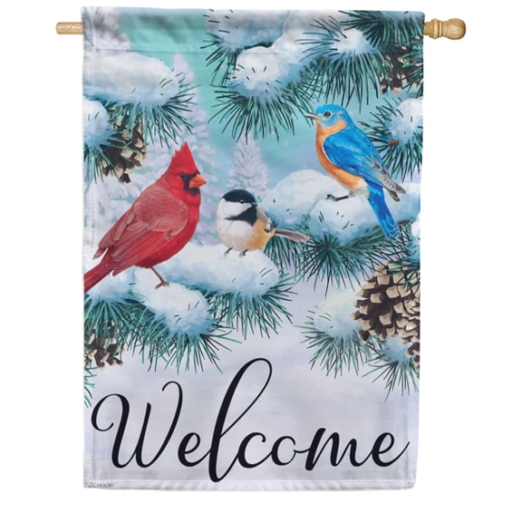 Carson Christmas Songbirds Welcome House Flag, 28 x 40 inch Double Sided, Winter Cardinal Chickadee Bluebird Banner, Holiday Seasonal Outdoor Decor, Large Red Bird Yard Flag