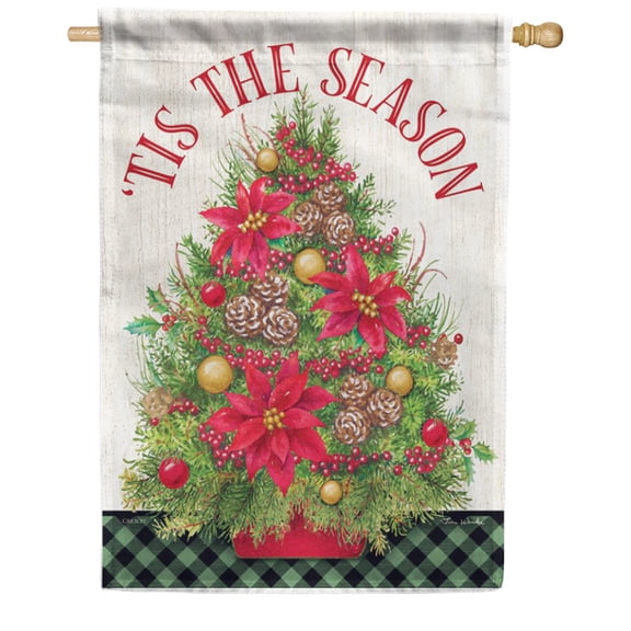 Carson Christmas Tree House Flag, 28 x 40 inch Double Sided, Tis Season Holiday Banner, Poinsettia Pinecone Outdoor Yard Decor, Festive Ornament Seasonal Decoration