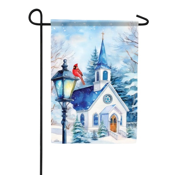 Carson Church Blue Winter Garden Flag, 12.5 x 18 inch Double Sided, Peaceful Chapel Banner, Cardinal Christmas Seasonal Outdoor Decor, Lamp Post Snow Yard Decoration