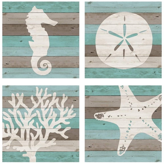 Carson 4-Piece Square Wood Coaster Set Coastal Beach-Themed Home Dcor