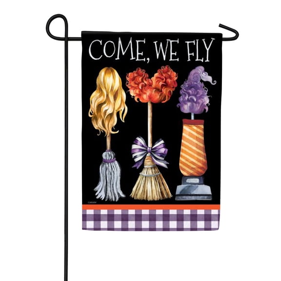 Carson Come We Fly Garden Flag, 12.5 x 18 inch Double Sided, Three Witch Brooms Halloween Banner, Purple Gingham Border Outdoor Decor, Spooky Seasonal Party Yard Decoration