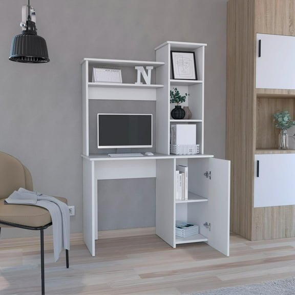 Carson Computer Desk with Hutch, Single Door Cabinet, Expansive Work Surface and 3-Tier Storage Shelves White