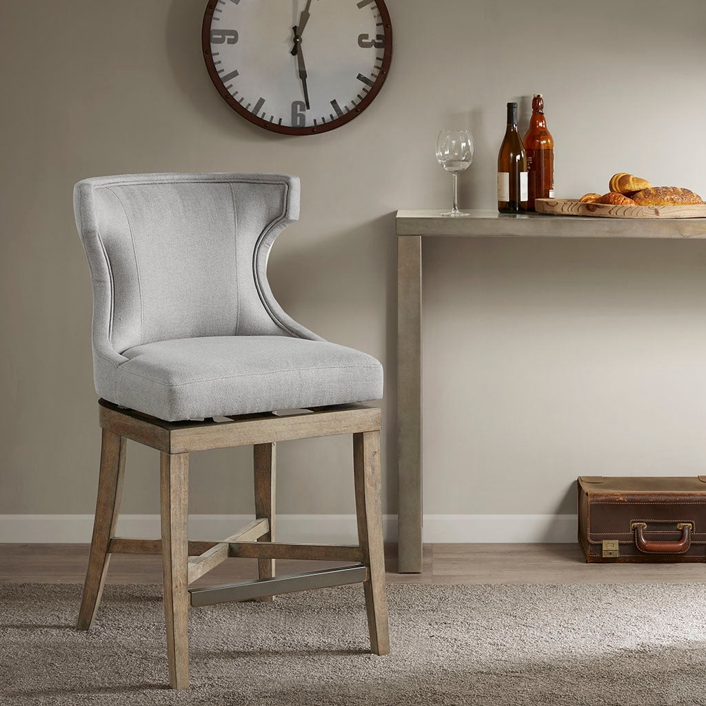 Elegant Light Grey Wingback Swivel Counter Stool with Bronze Accents