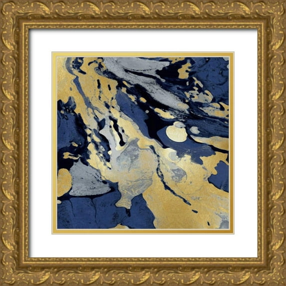 Carson, Danielle 12x12 Gold Ornate Wood Framed with Double Matting Museum Art Print Titled - Marbleized in Gold and Blue I
