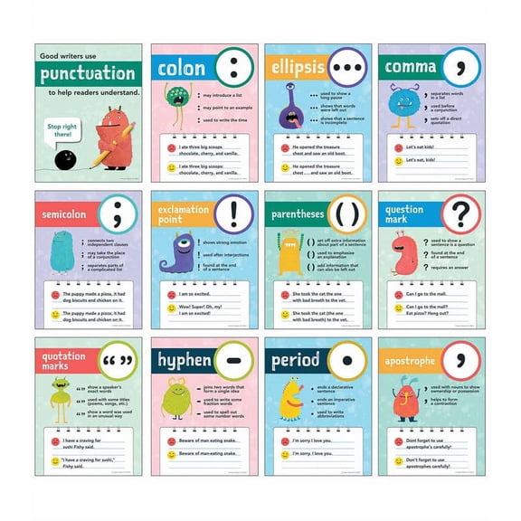 Punctuation Poster Set—12 Educational Posters With Common Punctuation Marks, Bulletin Board and Wall Decor for Language Arts Learning 8.5IN x 11IN [CD106037]