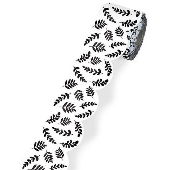 Carson Dellosa Education White with Black Leaves Rolled Scalloped Borders, 65 Feet Per Roll, Pack of 3