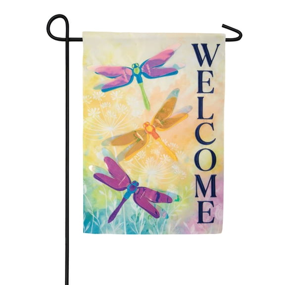 Carson Dragonflies Welcome Applique Garden Flag, 12.5 x 18 inch Double Sided, Watercolor Wildflower Banner, Spring Summer Outdoor Yard Decoration, Pastel Nature Decor