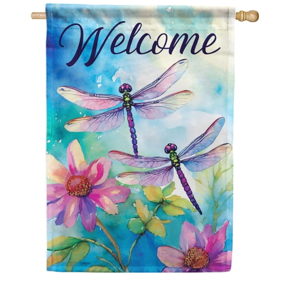 Carson Dragonfly Splash House Flag 28 x 40 inch Double Sided, Iridescent Insect Summer Blooms Watercolor, Welcome Spring Floral Outdoor Yard Banner, Seasonal Lawn Patio Porch Decor