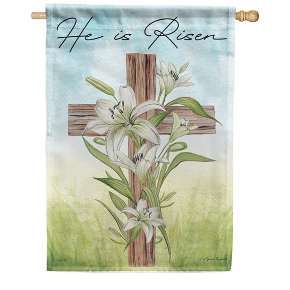 Carson Easter Cross Lilies House Flag, 28 x 40 inch Double Sided, Religious He Risen Banner, Spring Holiday Seasonal Outdoor Decor, Faith Scripture Yard Decoration