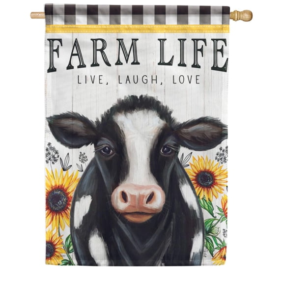 Carson Farm Life House Flag, 28 x 40 inch Double Sided, Holstein Cow Sunflower Banner, Country Living Outdoor Decor, Yard Decoration