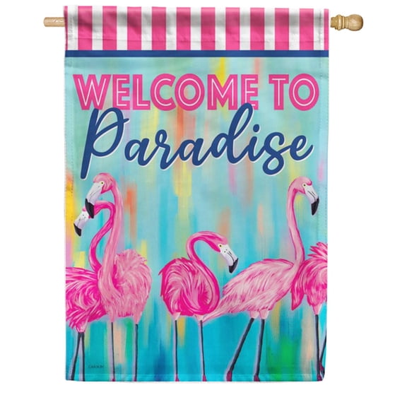 Carson Flamingo Paradise House Flag, 28 x 40 inch Double Sided, Tropical Beach Welcome Banner, Pink Exotic Bird Outdoor Decor, Summer Yard Decoration Porch Patio Lawn