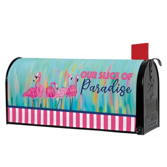 Carson Flamingo Paradise Mailbox Cover, Fits Standard 6.5 x 19 inch Mailbox, Tropical Aqua Pink Design, Durable Weather Friendly Nylon, Magnetic Seasonal Outdoor Yard Decoration