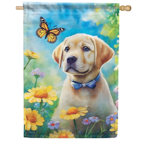 Carson Garden Puppy House Flag 28 x 40 inch Double Sided, Labrador Dog Flower Bow Tie Pet Animal, Spring Summer Outdoor Yard Banner, Seasonal Lawn Patio Porch Decor