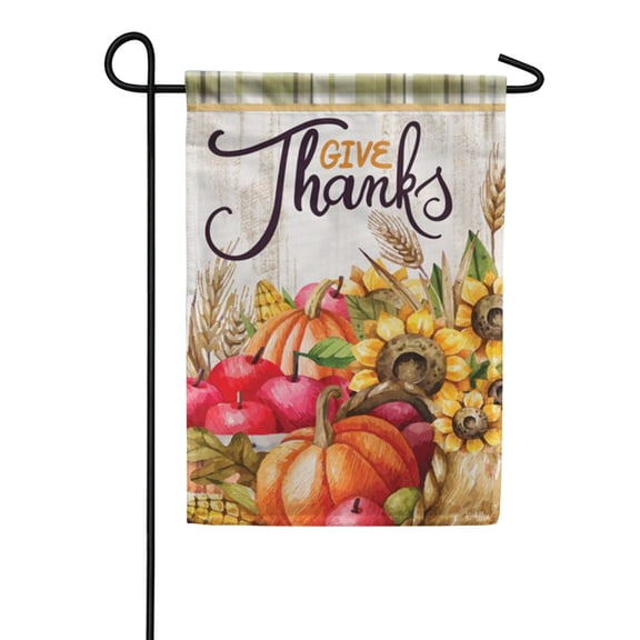 Carson Give Thanks Garden Flag, 12.5 x 18 inch Double Sided, Thanksgiving Harvest Banner, Fall Pumpkin Apple Sunflower Outdoor Decor, Rustic Wood Farmhouse Yard Decoration