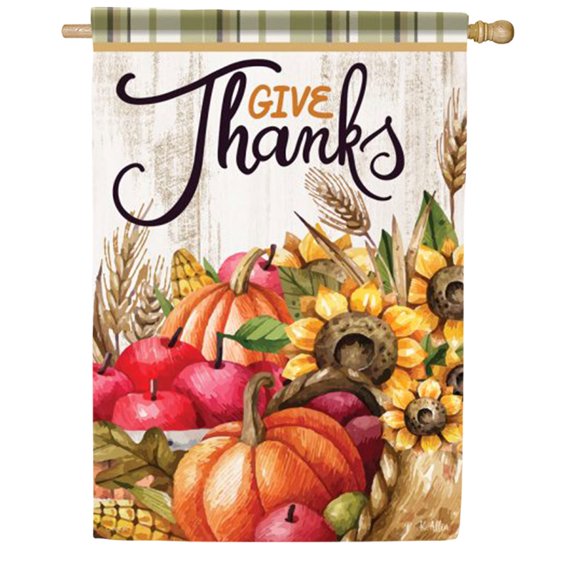 Carson Give Thanks House Flag, 28 x 40 inch Double Sided, Harvest Pumpkin Apple Sunflower Banner, Thanksgiving Autumn Seasonal Outdoor Decor, Farmhouse Yard Decoration
