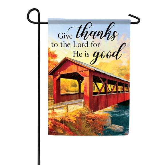 Carson Give Thanks To The Lord Garden Flag, 12.5 x 18 inch Double Sided, Thanksgiving Scripture Banner, Bible Verse Covered Bridge Fall Seasonal Outdoor Decor, Autumn Yard Decoration Religious