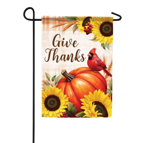 Carson Give Thanks Pumpkin Garden Flag, 12.5 x 18 inch Double Sided, Thanksgiving Sunflower Cardinal Banner, Autumn Harvest Outdoor Decor, Seasonal Yard Decoration
