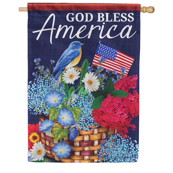 Carson God Bless America House Flag, 28 x 40 inch Double Sided, Patriotic Bluebird Banner, USA Red White Blue Flower Outdoor Decor, Memorial Independence Day Yard Decoration