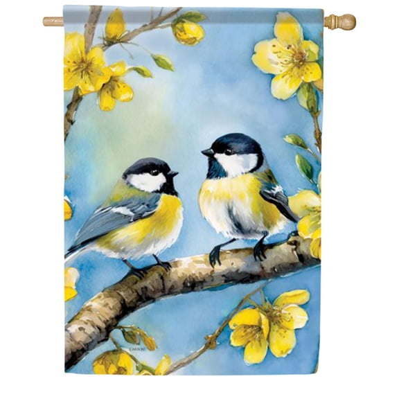 Carson Golden Chickadee Morning House Flag, 28 x 40 inch Double Sided, Spring Bird Banner, Yellow Flower Outdoor Decor, Nature Yard Decoration