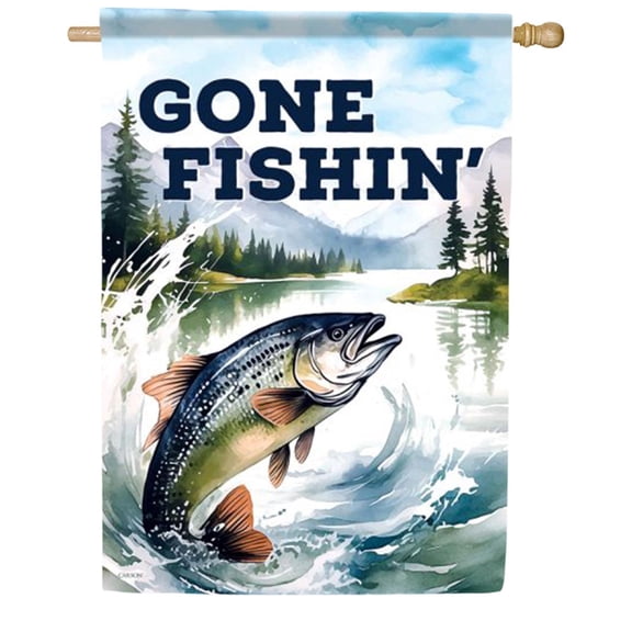 Carson Gone Fishin House Flag, 28 x 40 inch Double Sided, Trout Jumping Lake Mountain Banner, Fishing Outdoor Decor, Angler Yard Decoration