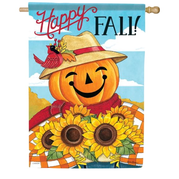 Carson Happy Fall Pumpkin House Flag, 28 x 40 inch Double Sided, Sunflower Cardinal Banner, Autumn Harvest Outdoor Decoration, Winking Jack O Lantern Yard Decor