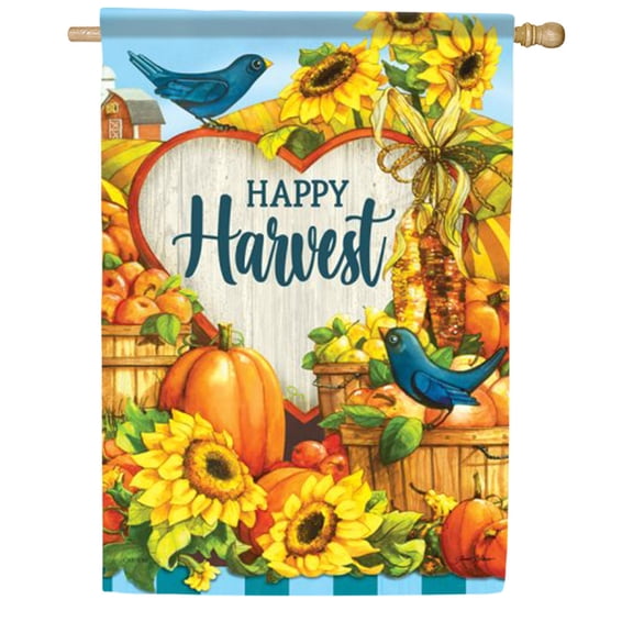 Carson Happy Harvest House Flag, 28 x 40 inch Double Sided, Fall Sunflower Pumpkin Banner, Farmhouse Barn Bluebird Decor, Thanksgiving Seasonal Outdoor Yard Decoration